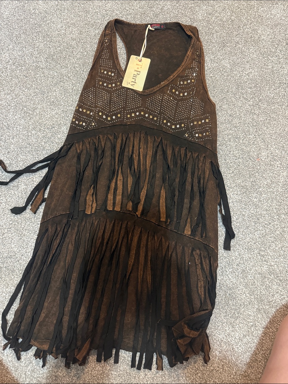 Fringed Brown Suede-Look Tank Dress with Stud Detail